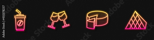 Set line Cheese, Coffee cup to go, Wine glass and Louvre pyramid. Glowing neon icon. Vector