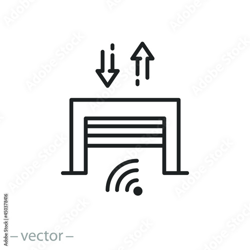 garage door icon, remote opening automatic, smart sensor lock, thin line symbol on white background - editable stroke vector illustration