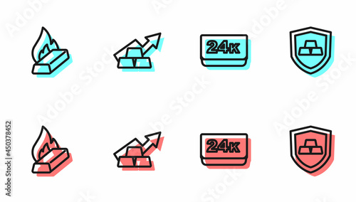 Set line Gold bars 24k, Molten gold being poured, Growth arrow with and shield icon. Vector