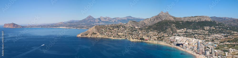nice panoramic view of the beaches and mountains of Calpe. mediterranean coast landscape located in the Valencian Community, Alicante, Spain