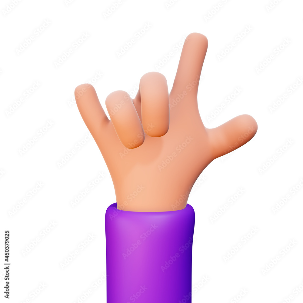 Cartoon hand shows a goat gesture, a 3d illustration isolated on a white background. The concept of victory and coolness. The hand of a cartoon character makes a Rock and Roll gesture, 3d rendering. Cartoon hand shows a goat gesture, a 3d illustration isolated on a white background. The concept of victory and coolness. The hand of a cartoon character makes a Rock and Roll gesture, 3d rendering.