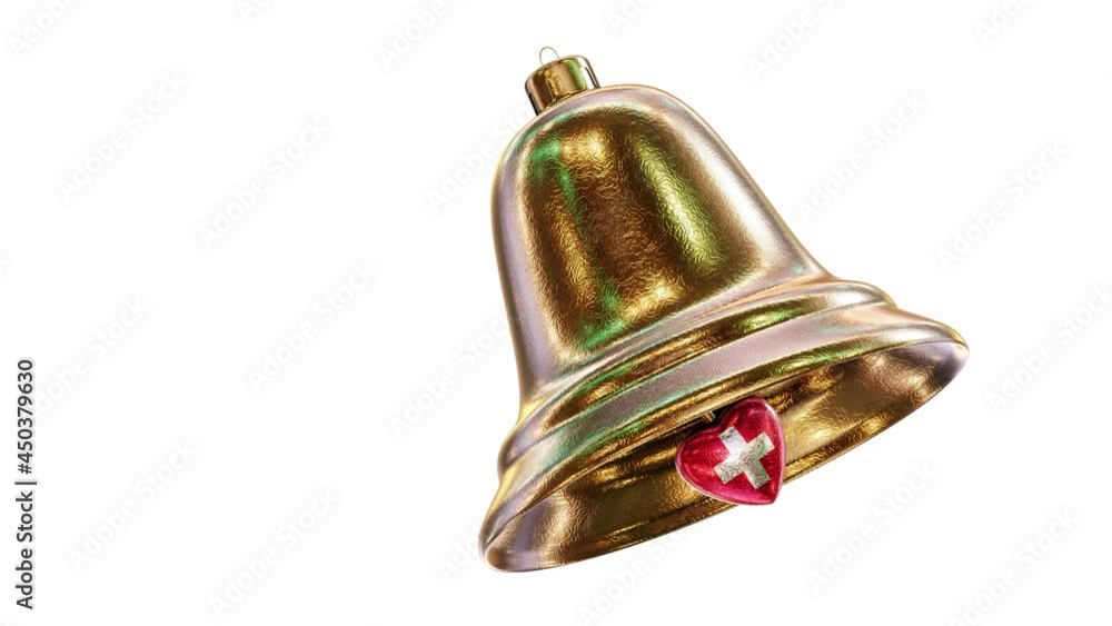 Realistic looping 3D animation of the fancy golden textured Christmas bell with Switzerland national flag bell clapper rendered in UHD with alpha matte Realistic looping 3D animation of the fancy golden textured Christmas bell with Switzerland national flag bell clapper rendered in UHD with alpha matte