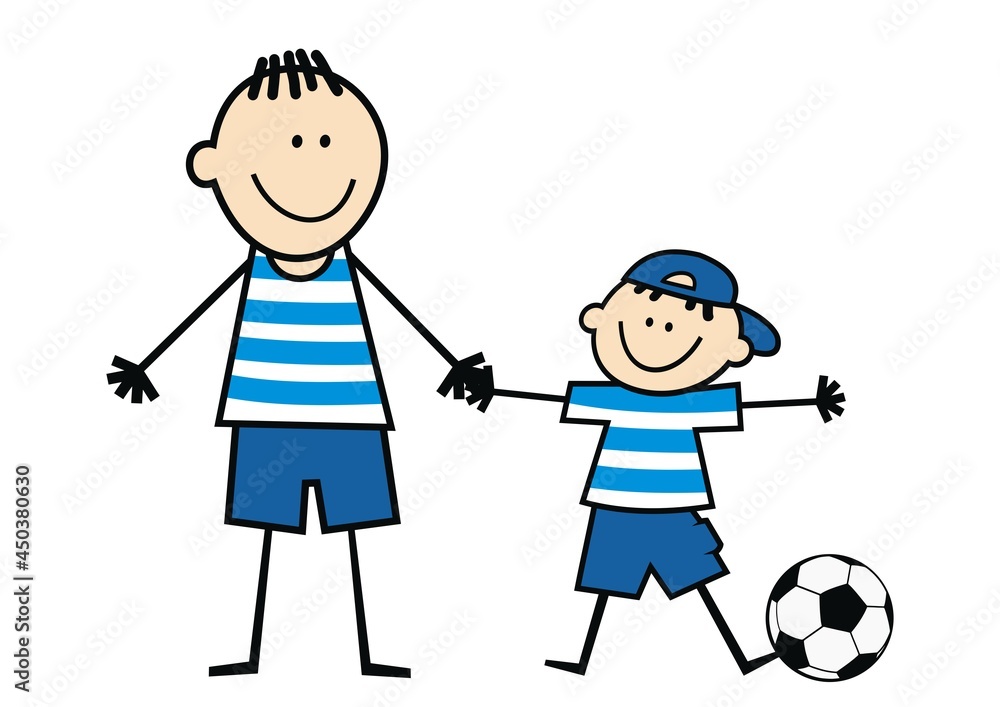 Father as his son's football coach. Funny vector illustration, blue dress. Father as his son's football coach. Funny vector illustration, blue dress.