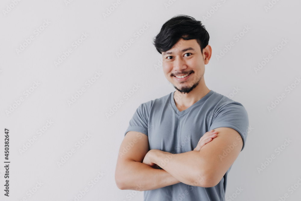 Fototapeta premium Confident and happy Asian man in blue t-shirt isolated on white background.