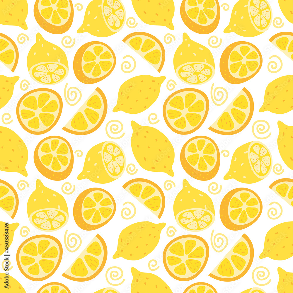 Fresh lemons, orange background, hand drawn icons. Doodle wallpaper vector. Colorful seamless pattern with fresh fruits collection. Decorative illustration, good for printing