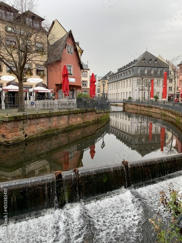 Saabburg, Germany May 25, 2020. The city is located on the Grundbach brook, which flows into the Saar River. Waterfall in the city center.