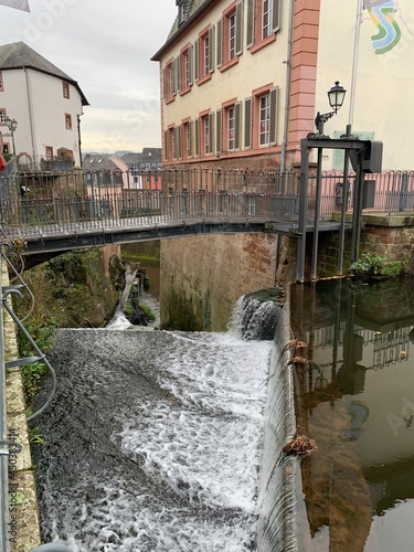 Saabburg, Germany May 25, 2020. The city is located on the Grundbach brook, which flows into the Saar River. Waterfall in the city center.
