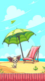 Hello Summer vector illustration with doggie on sand