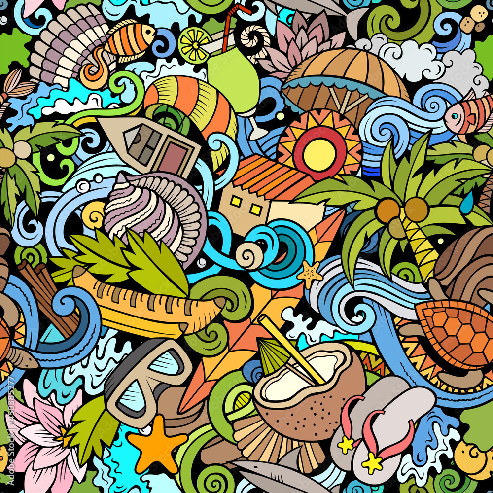 Cartoon doodles Seychelles seamless pattern. Cartoon doodles Seychelles seamless pattern.