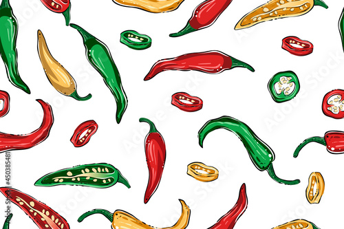 Seamless pattern of chili peppers, color, vector