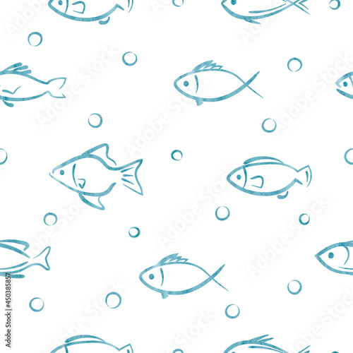 Seamless vector cute fish pattern. Marine watercolor illustration