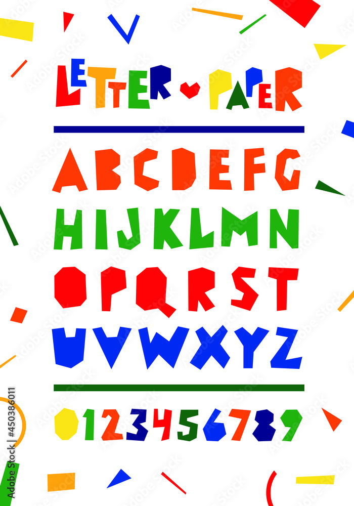Alphabet for holiday poster, colorful art and craft design, cut out with paper scissors. Vector illustration. Letter paper abc.