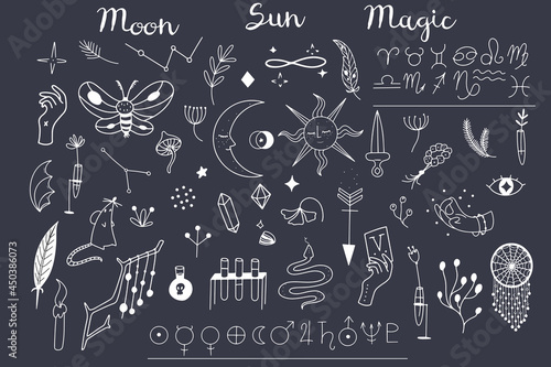 Big vector set of line art magical and wiccan clipart elements, outlined horoscope zodiac signs, planet symbols and lettering