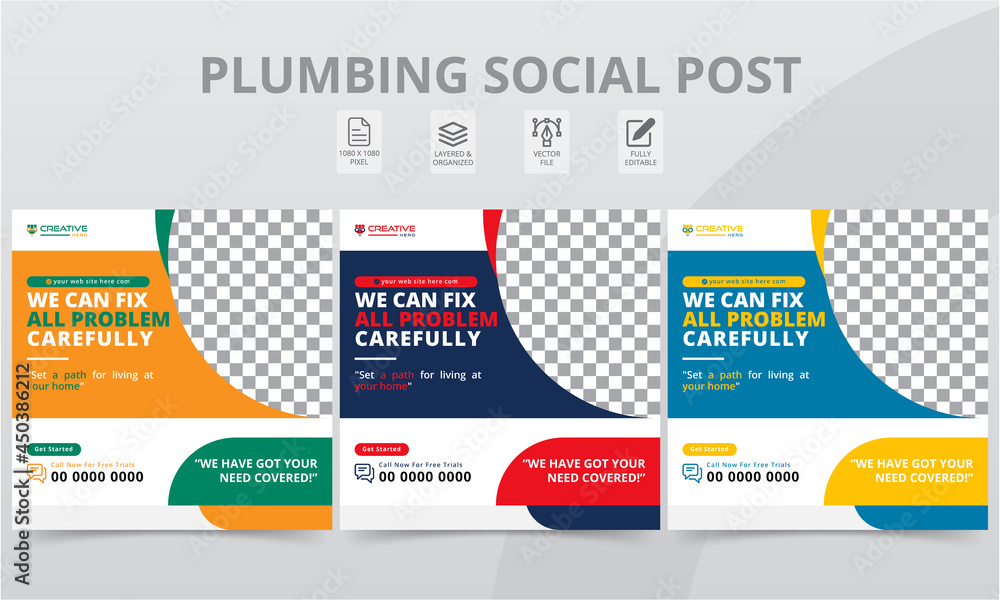 Premium Plumber Social Media Post Colorful Shapes Template. Modern Professional Plumbing Social Square Banner Layouts with Photo College for The Personal Blog Digital Marketing.