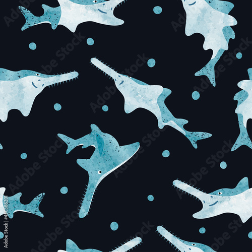Seamless watercolor sawfish pattern. Vector marine background with cartoon rays.