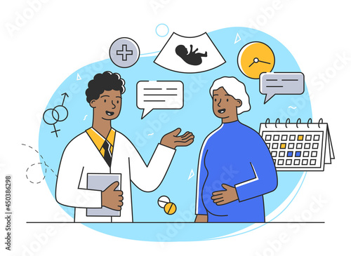 Pregnant female character at the doctors appointment. Cheerful woman expecting a baby visits a doctor. Concept of examination during pregnancy. Flat cartoon vector illustration