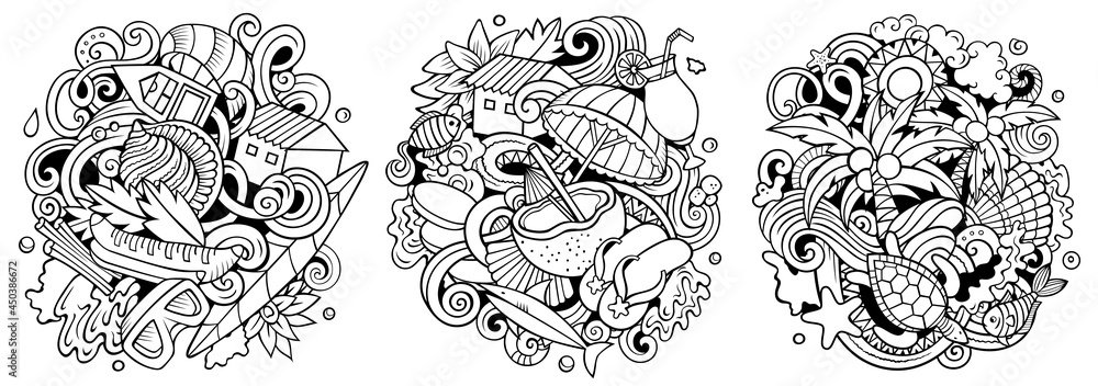 Seychelles cartoon vector doodle designs set. Seychelles cartoon vector doodle designs set.