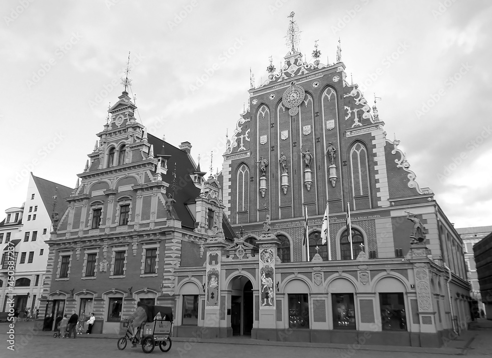 Monochrome Image of House of the Blackheads, a Historic Landmark of the Old City of Riga, Latvia
