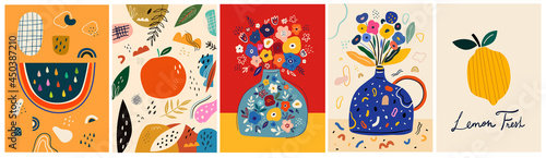 Fresh stylish posters with fruits, flowers, abstract elements and doodles