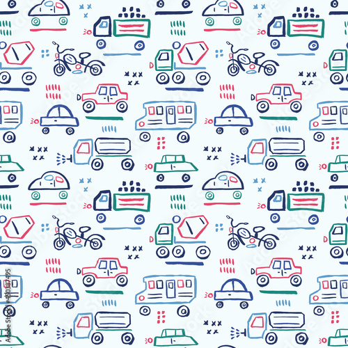 Cars seamless pattern. Child vector illustration of road traffic.