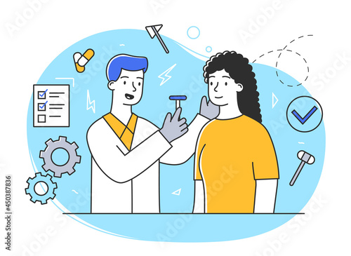 Young female character at the doctors appointment. Cheerful girl is having her ears checked by doctor. Concept of health examination for kids and adults. Flat cartoon vector illustration photo