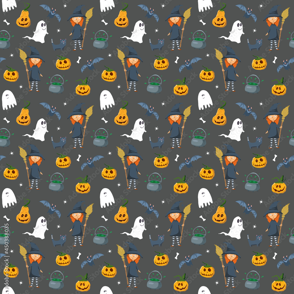 Halloween seamless pattern design. Cute cartoon elements, holiday background, vector illustration Halloween seamless pattern design. Cute cartoon elements, holiday background, vector illustration