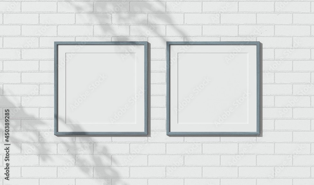 Two wooden frames on white brick wall. Triptych. 3D render wooden painted frame mock up. Empty interior. 3D design interior. Template for business. Passe partout frame. Blank. Shadow on the brick wall Two wooden frames on white brick wall. Triptych. 3D render wooden painted frame mock up. Empty interior. 3D design interior. Template for business. Passe partout frame. Blank. Shadow on the brick wall