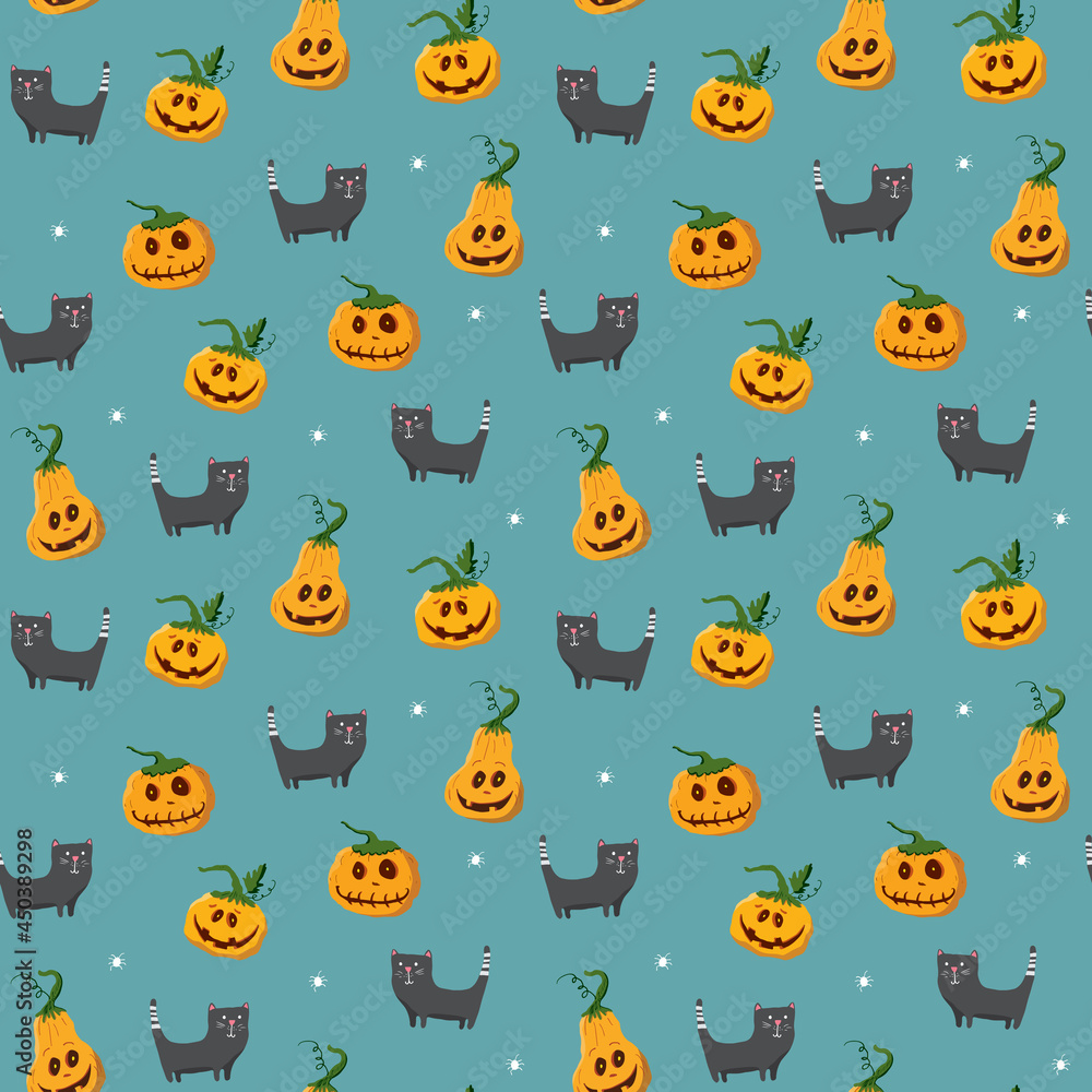 Halloween seamless pattern design. Cute cartoon elements, holiday background, vector illustration Halloween seamless pattern design. Cute cartoon elements, holiday background, vector illustration