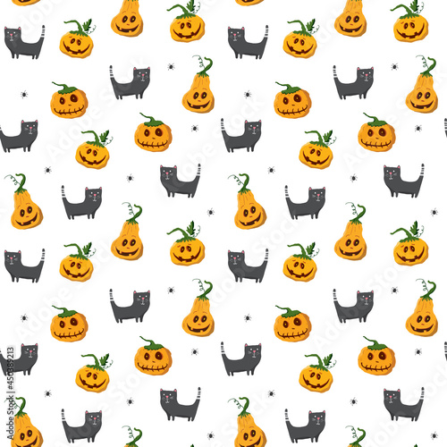 Halloween seamless pattern design. Cute cartoon elements  holiday background  vector illustration