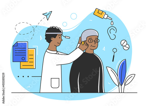 Elderly female character at the doctors appointment. Cheerful woman is having her ears checked by doctor. Concept of health examination for kids and adults. Flat cartoon vector illustration photo