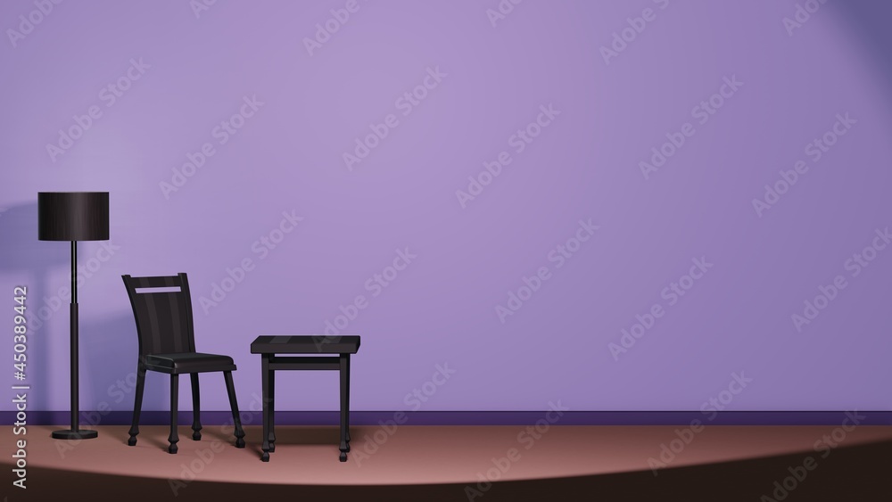 椅子とテーブルとフロアライト　紫色の壁　3DCG　部屋　ポスター