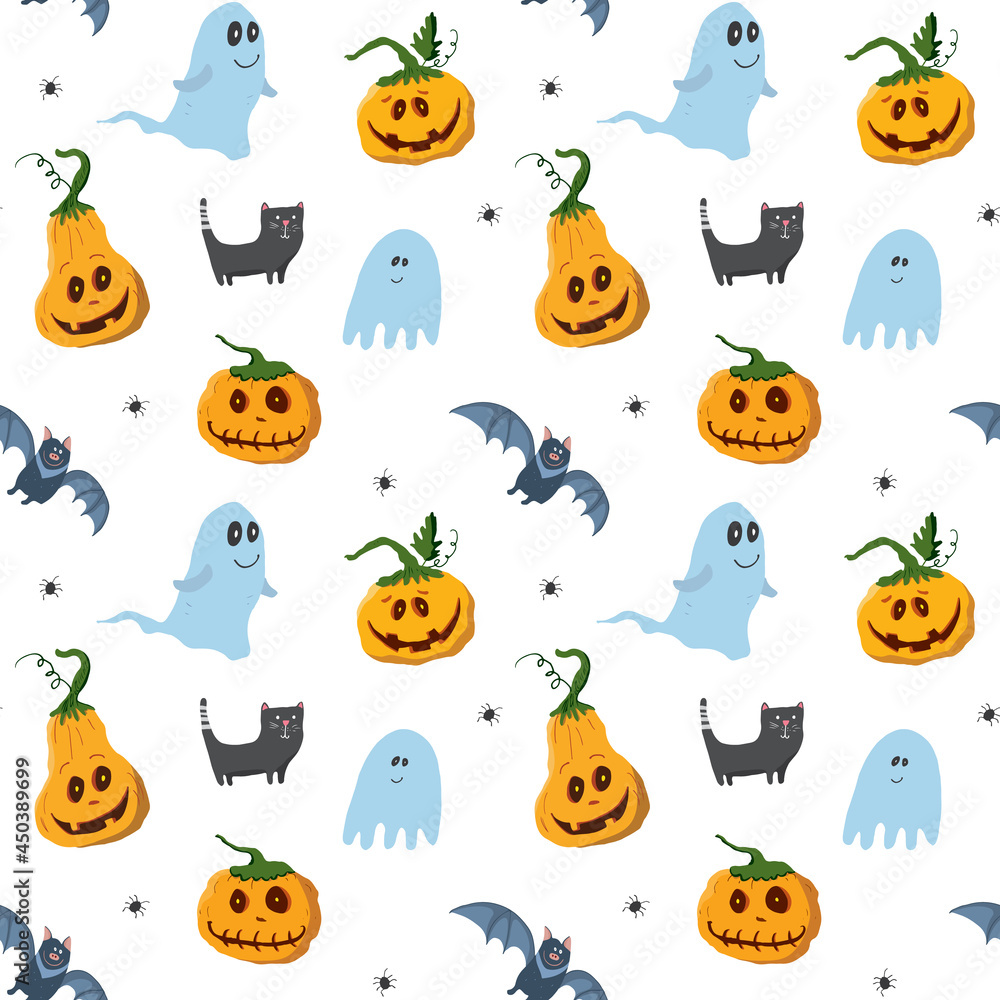 Naklejka premium Halloween seamless pattern design. Cute cartoon elements, holiday background, vector illustration