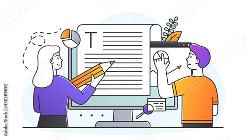 Male and female characters editing online document together. Blogger, copywriter, journalist. Editor work. Concept of creative writing and storytelling, copywriting. Flat cartoon vector illustration