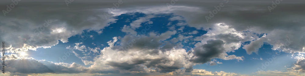 hdri 360 panorama of blue sky with white beautiful clouds. Seamless panorama with zenith for use in 3d graphics or game development as sky dome or edit drone shot for sky replacement