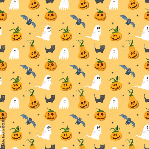 Fototapeta Naklejka Na Ścianę i Meble -  Halloween seamless pattern design. Cute cartoon elements, holiday background, vector illustration