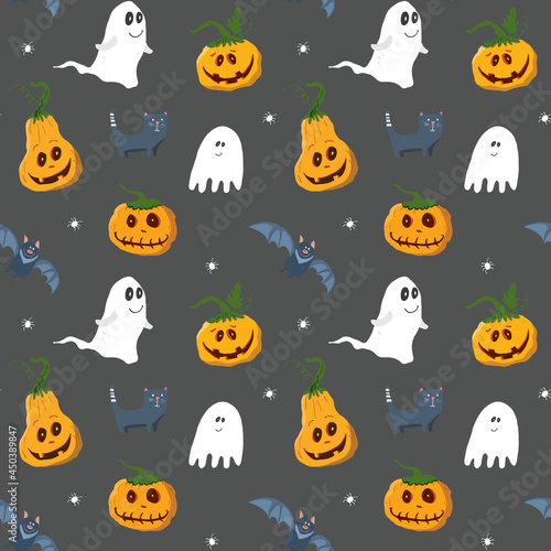 Halloween seamless pattern design. Cute cartoon elements, holiday background, vector illustration