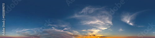 hdri 360 panorama of evening sky with white beautiful clouds. Seamless panorama with zenith for use in 3d graphics or game development as sky dome or edit drone shot for sky replacement
