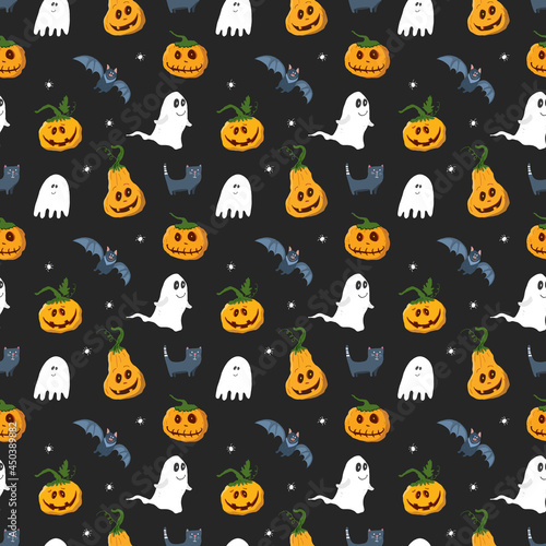 Halloween seamless pattern design. Cute cartoon elements  holiday background  vector illustration