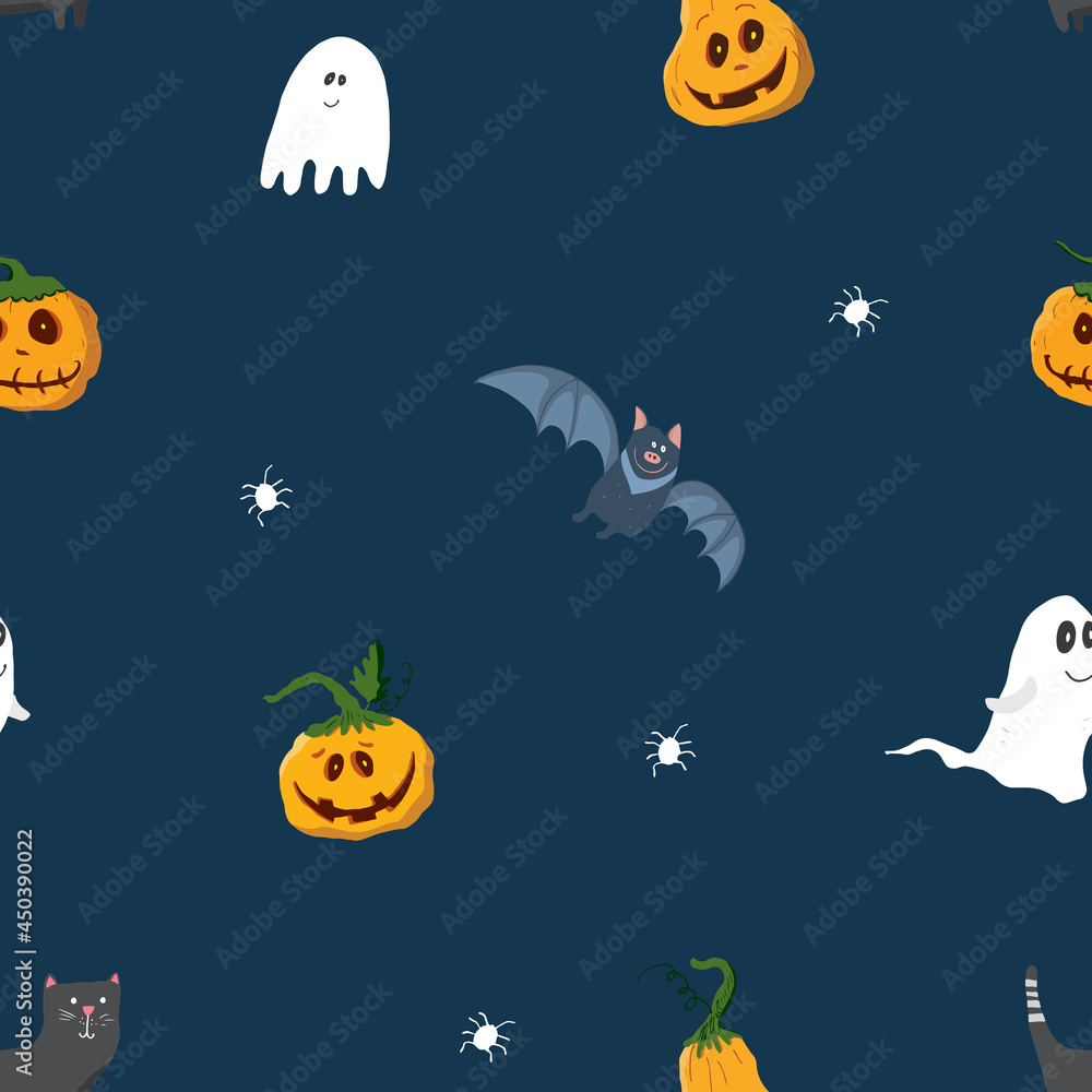 Fototapeta premium Halloween seamless pattern design. Cute cartoon elements, holiday background, vector illustration