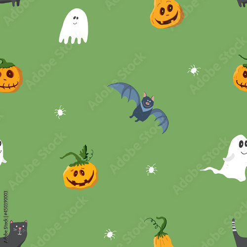 Halloween seamless pattern design. Cute cartoon elements, holiday background, vector illustration