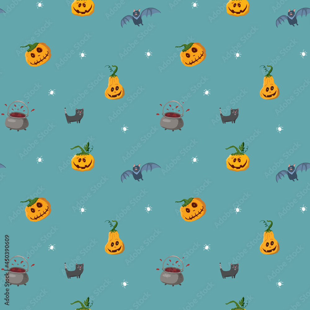 Naklejka premium Halloween seamless pattern design. Cute cartoon elements, holiday background, vector illustration