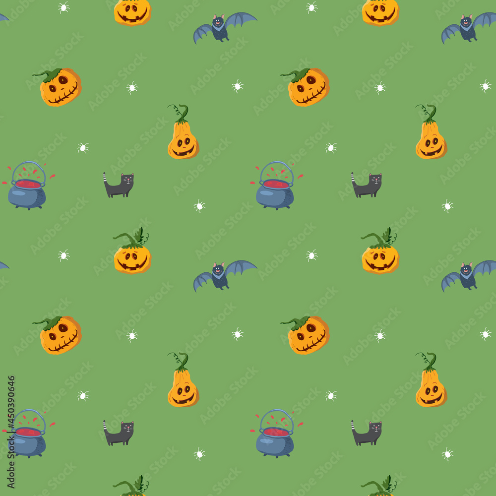 Halloween seamless pattern design. Cute cartoon elements, holiday background, vector illustration Halloween seamless pattern design. Cute cartoon elements, holiday background, vector illustration