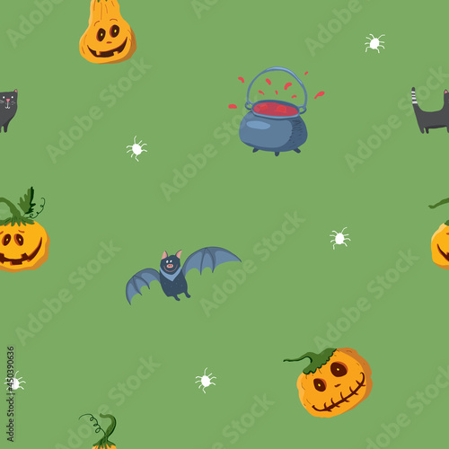 Halloween seamless pattern design. Cute cartoon elements, holiday background, vector illustration
