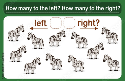 A logic game for children called "Left or Right". Spatial orientation with zebras. The training sheet. Count how many zebras are turned to the left and how many are turned to the left.