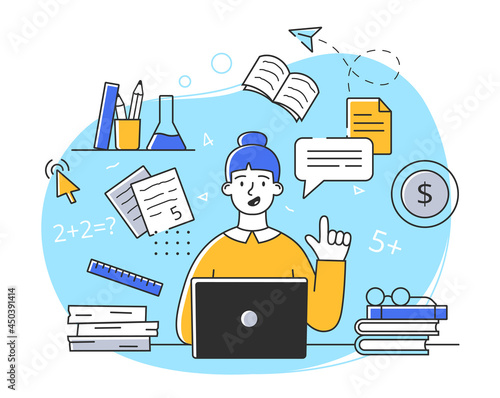 Young cheerful female character is working on computer as a copywriter in office. Concept of men and women enoing their profession. People at their workplace. Flat cartoon vector illustration