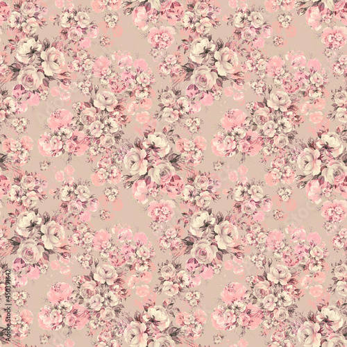  Abstract seamless print of drawn bouquets of roses. Light background. Beautiful pattern for your festive design and wallpaper.  © Irina Chekmareva