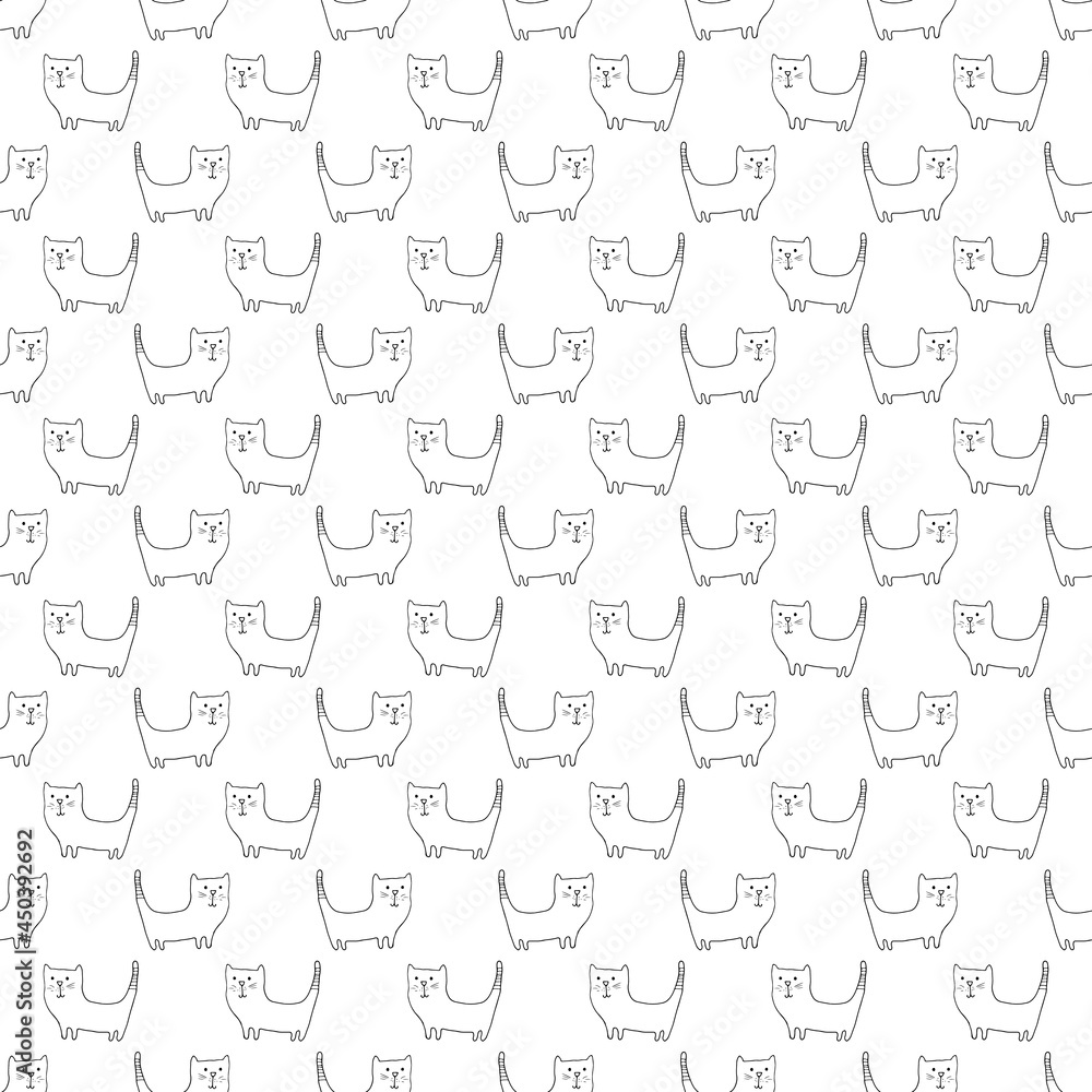 Cute cat seamless pattern. Cartoon cats background design, vector illustration