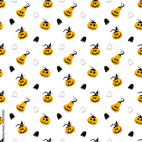 Halloween seamless pattern design. Cute cartoon pumpkin and ghost  holiday background  vector illustration