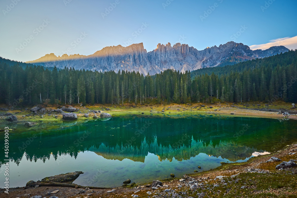 Carezza lake Lago di Carezza, Karersee with Mount Latemar, Bolzano province, South tyrol, Italy.