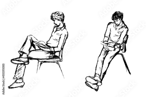 Vector set of two black and white sketches. A guy in clothes sits on a chair and reads.